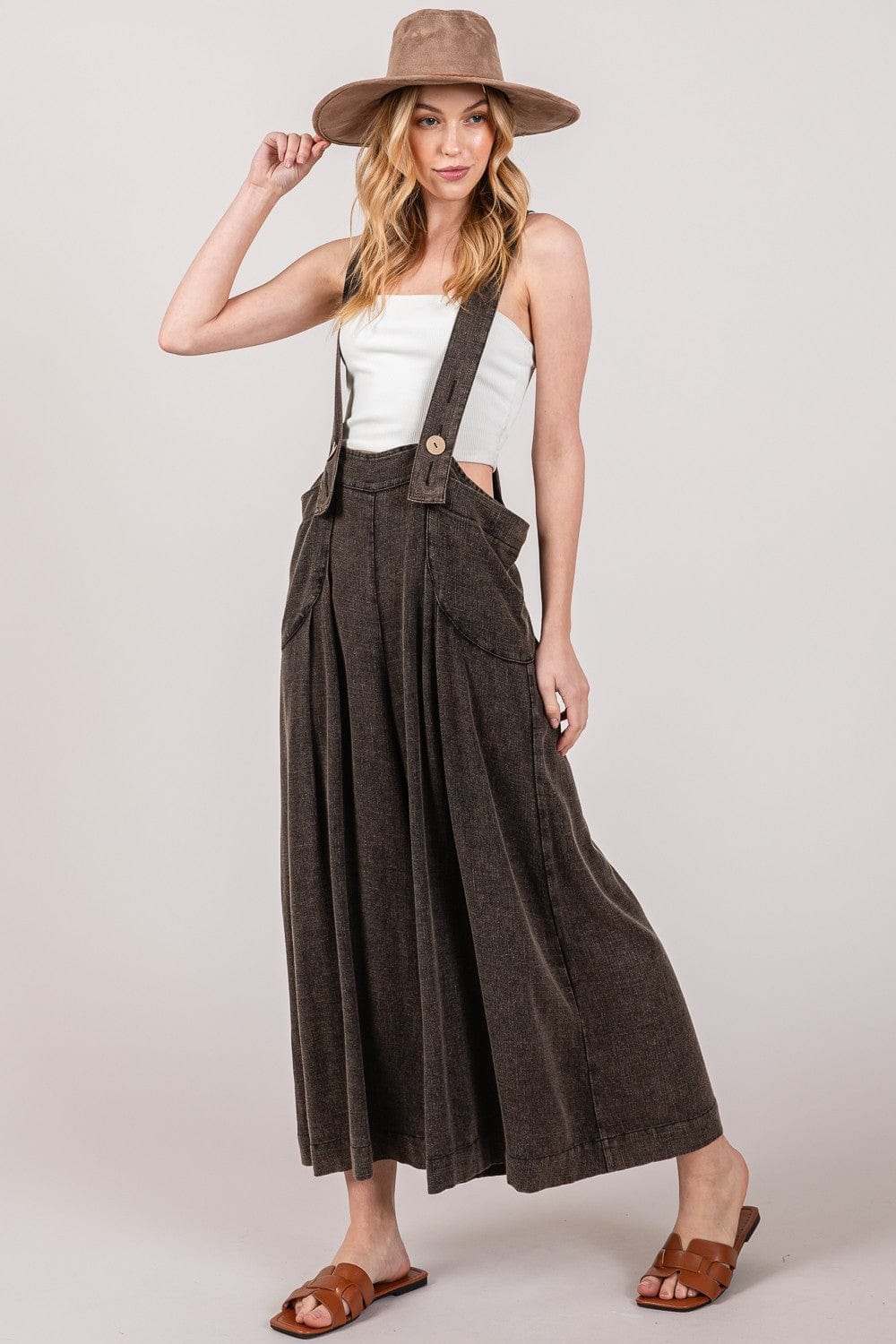 Light Gray SAGE + FIG Full Size Wide Strap Wide Leg Overalls