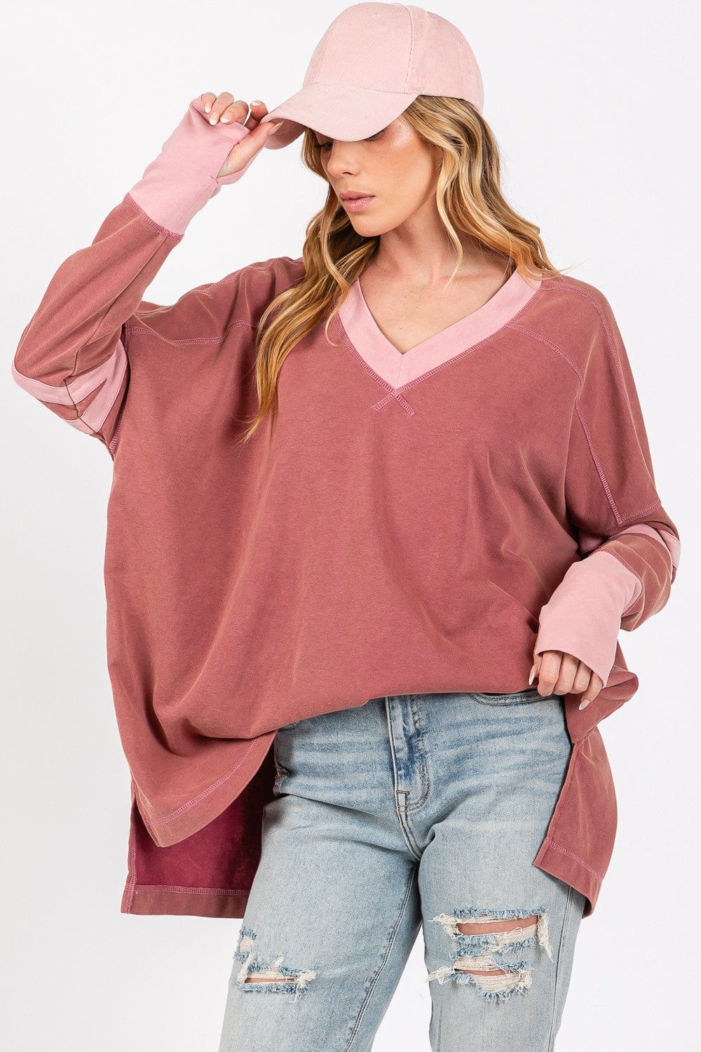 Light Gray SAGE + FIG Mineral Wash Side Slit Contrast T-Shirt