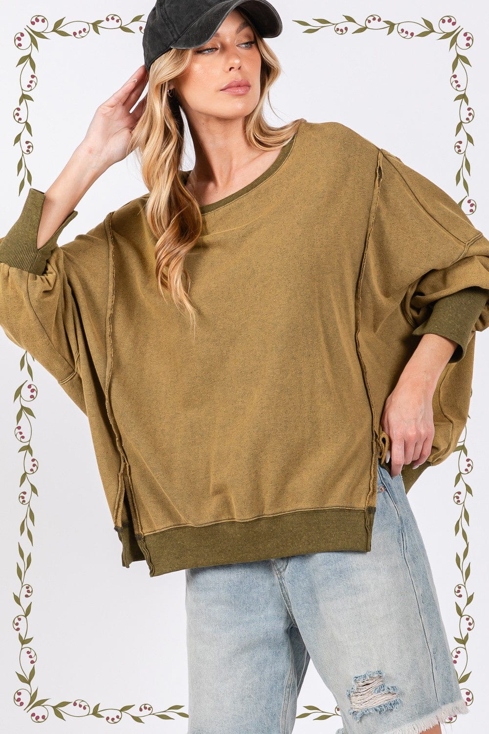 Light Gray SAGE + FIG Mineral Wash Side Slit Oversized Sweatshirt