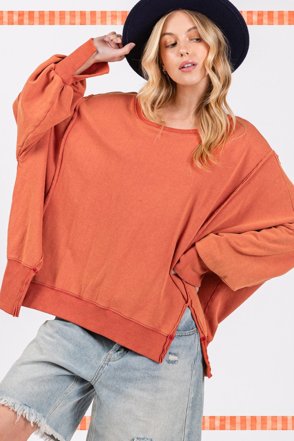 Salmon SAGE + FIG Mineral Wash Side Slit Oversized Sweatshirt