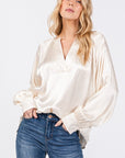 Misty Rose SAGE + FIG Notched Long Sleeve Blouse