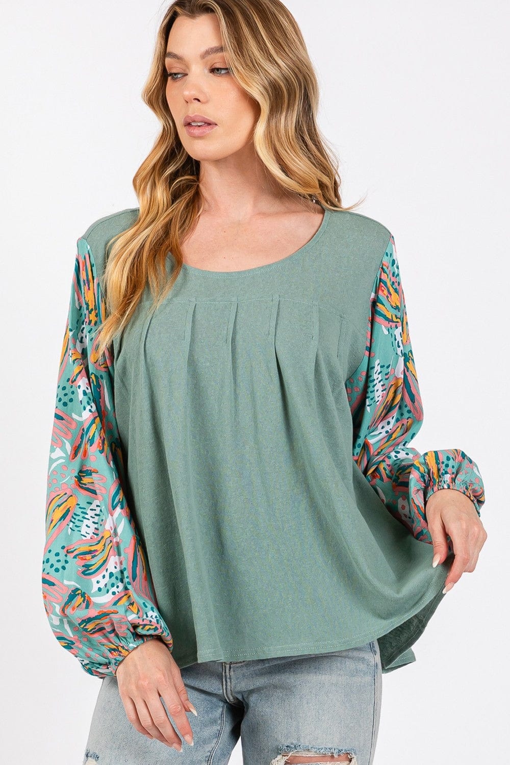 Light Gray SAGE + FIG Ruched Round Neck Printed Bubble Sleeve Top