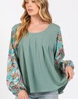 Light Gray SAGE + FIG Ruched Round Neck Printed Bubble Sleeve Top