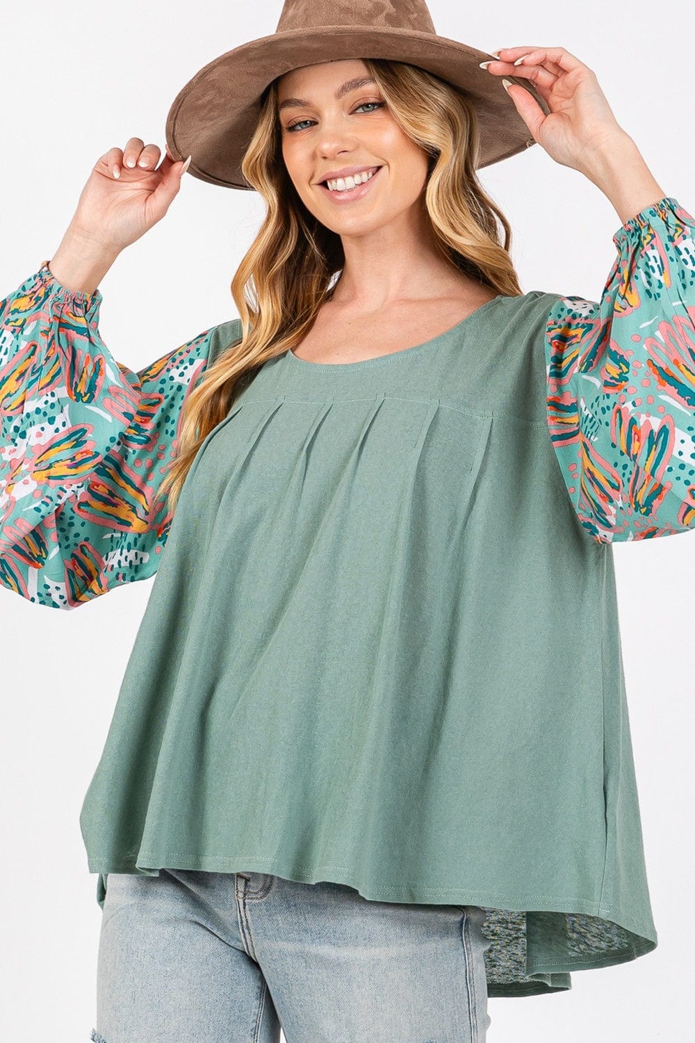 Dark Sea Green SAGE + FIG Ruched Round Neck Printed Bubble Sleeve Top