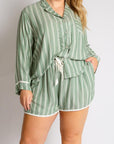 Striped Collared Neck Long Sleeve Top and Shorts Lounge Set