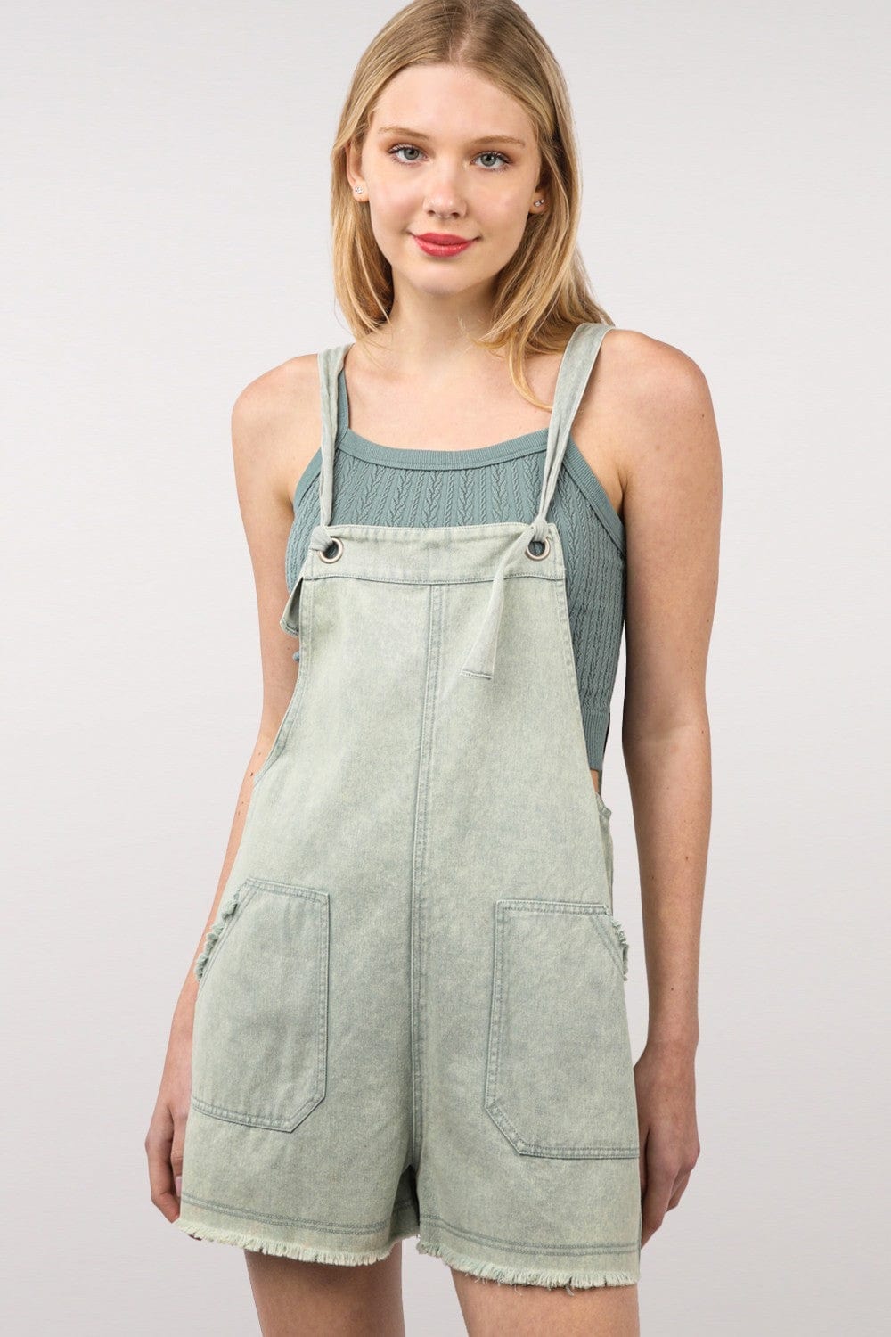 Light Gray VERY J Washed Frayed Hem Denim Overall