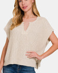 Light Gray Zenana Short Sleeve Side Slit Sweater