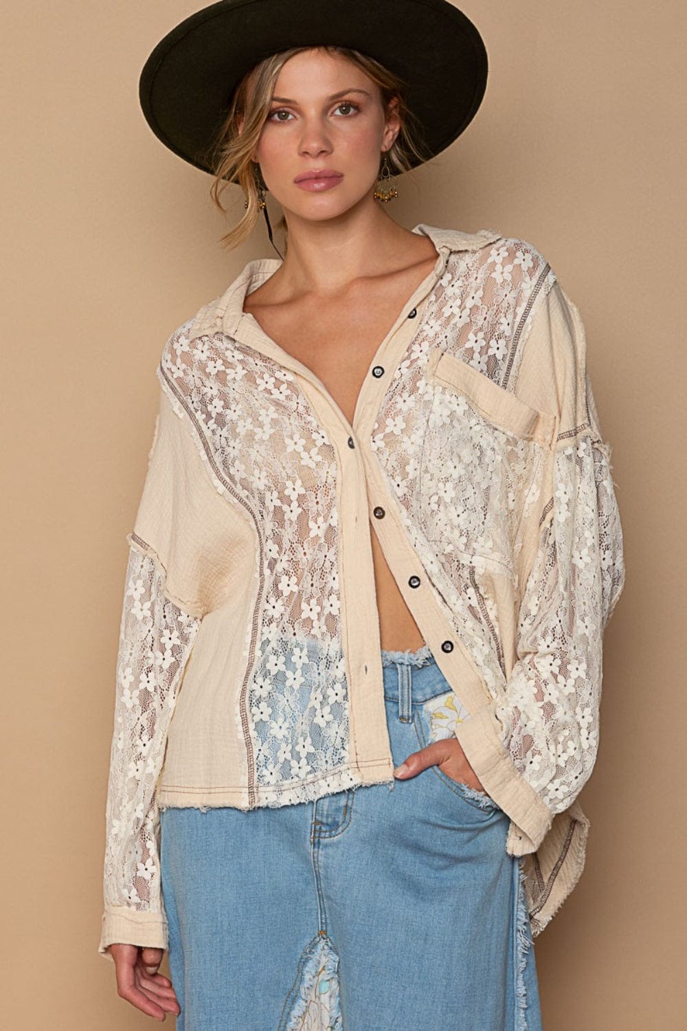 Rosy Brown POL Oversize Lace Button-Down Shirt