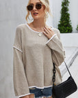 Gray Round Neck Dropped Shoulder Sweater