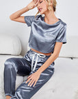 Satin Short Sleeve Crop Top and Joggers Lounge Set