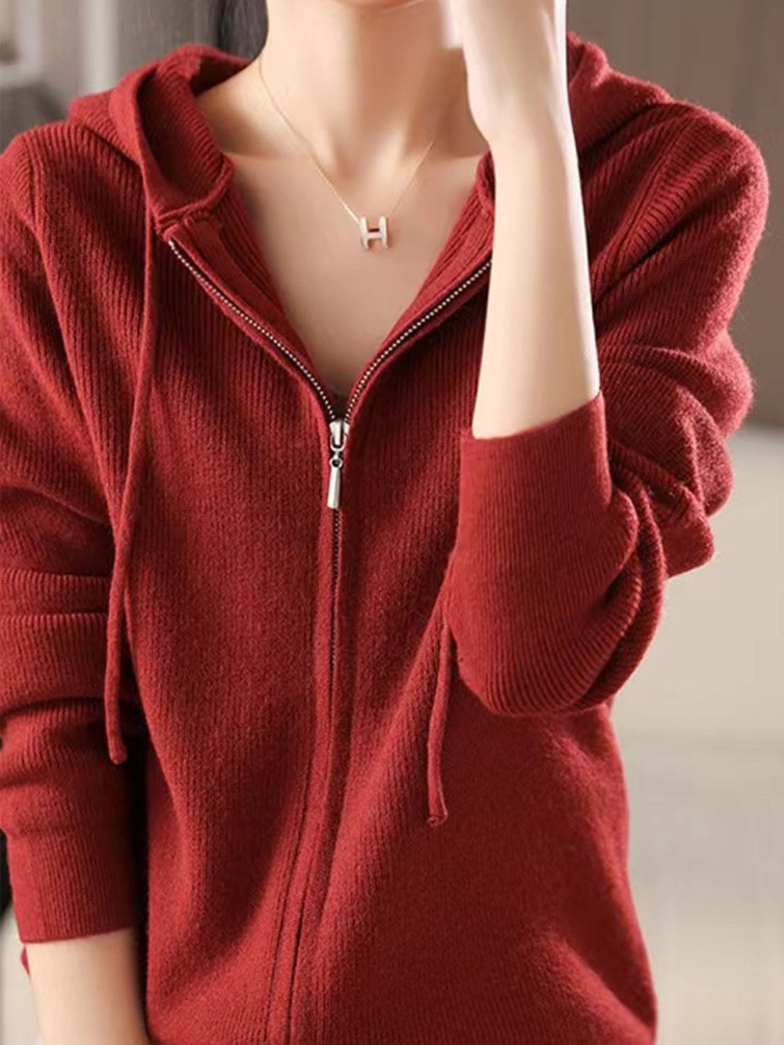 Drawstring Zip Up Long Sleeve Hooded Sweater