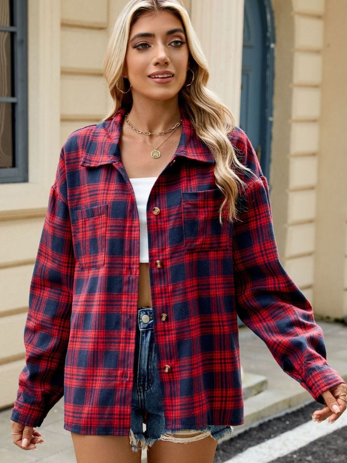 Tan Plaid Collared Neck Long Sleeve Shirt