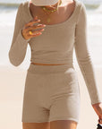 Scoop Neck Long Sleeve Top and Shorts Set