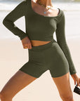 Scoop Neck Long Sleeve Top and Shorts Set