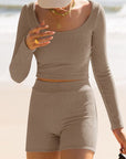 Scoop Neck Long Sleeve Top and Shorts Set