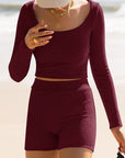 Scoop Neck Long Sleeve Top and Shorts Set