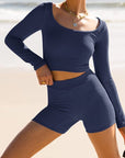 Scoop Neck Long Sleeve Top and Shorts Set