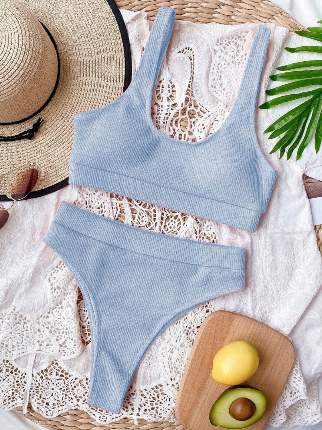 Gray Scoop Neck Wide Strap Two-Piece Swim Set