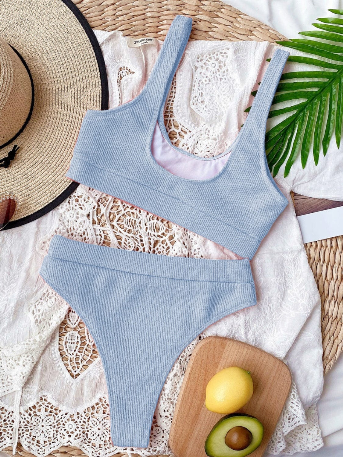 Gray Scoop Neck Wide Strap Two-Piece Swim Set