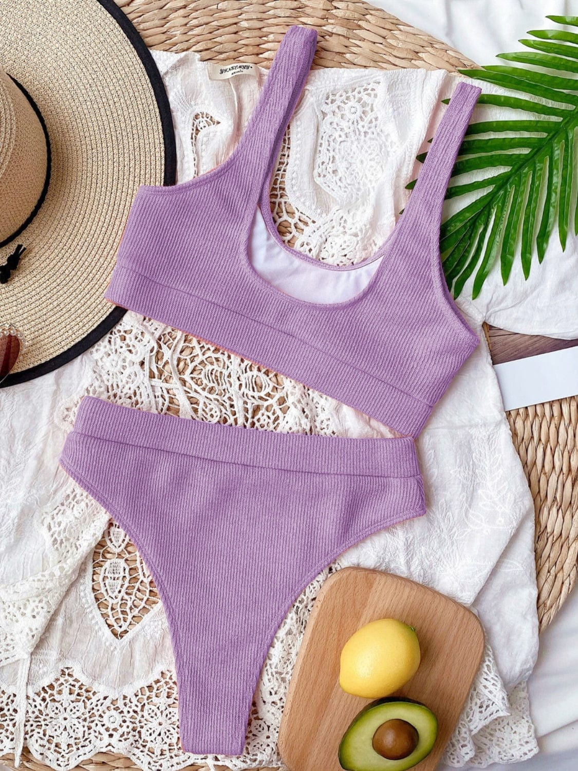 Gray Scoop Neck Wide Strap Two-Piece Swim Set