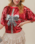 Sequin Bow Graphic Round Neck Half Sleeve T-Shirt