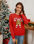 Sequin Candy Cane Round Neck Long Sleeve Sweater