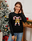 Sequin Candy Cane Round Neck Long Sleeve Sweater