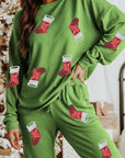 Sequin Socks Round Neck Long Sleeve Top and Pants Lounge Set