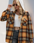 Double Take Drawstring Plaid Long Sleeve Hooded Shacket