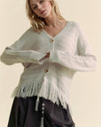 Davi & Dani Fringe V-Neck Button Up Long Sleeve Cardigan