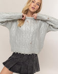 HYFVE Distressed Cable-Knit Round Neck Long Sleeve Sweater