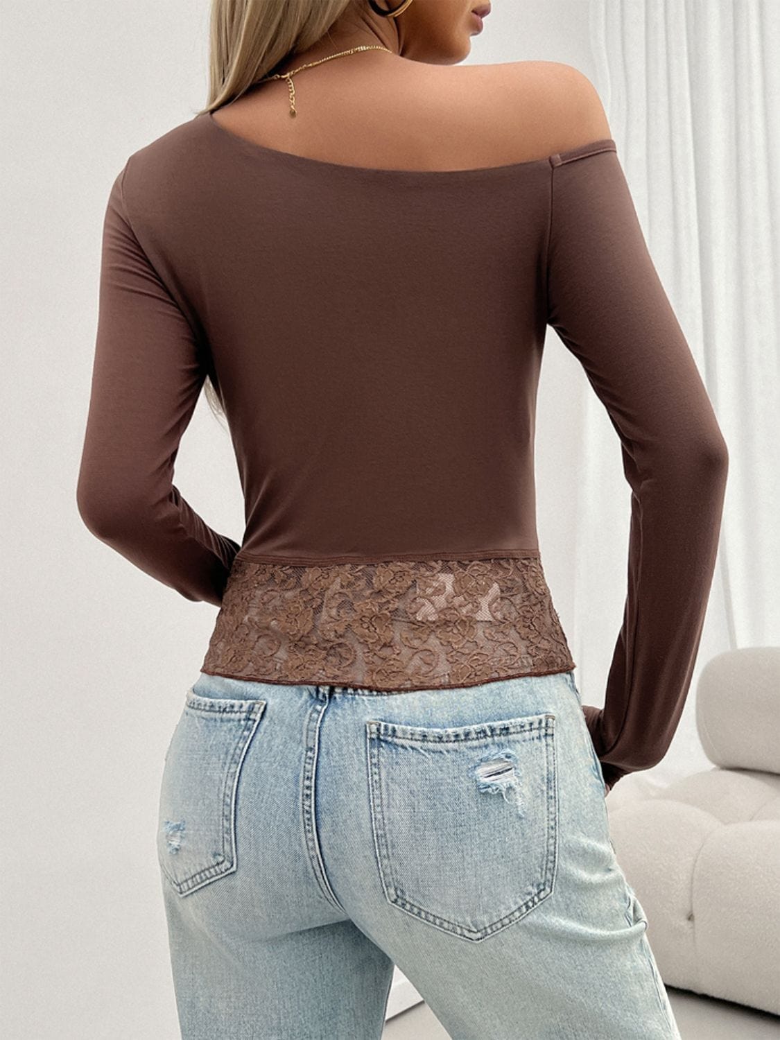 Gray Single Shoulder Long Sleeve Lace T-Shirt