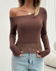 Light Gray Single Shoulder Long Sleeve Lace T-Shirt