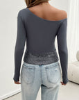 Light Gray Single Shoulder Long Sleeve Lace T-Shirt