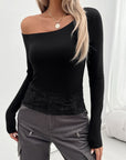 Light Gray Single Shoulder Long Sleeve Lace T-Shirt