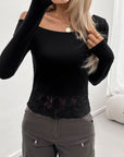 Dark Slate Gray Single Shoulder Long Sleeve Lace T-Shirt