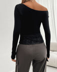 Dark Slate Gray Single Shoulder Long Sleeve Lace T-Shirt