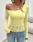 Tan Single Shoulder Long Sleeve Lace T-Shirt