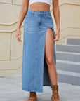 Slit Buttoned Denim Skirt with Pockets