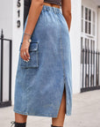 Slit Buttoned Denim Skirt with Pockets