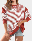 Slit Exposed Seam Striped Long Sleeve Sweatshirt