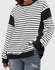 Slit Exposed Seam Striped Long Sleeve Sweatshirt