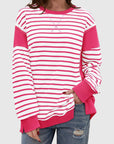 Slit Exposed Seam Striped Long Sleeve Sweatshirt