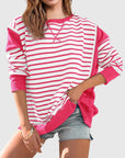 Slit Exposed Seam Striped Long Sleeve Sweatshirt