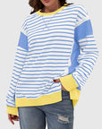 Slit Exposed Seam Striped Long Sleeve Sweatshirt