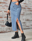 Slit High Waist Denim Skirt with Pockets