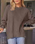 Dim Gray Slit Round Neck Dropped Shoulder Sweater