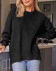 Dark Slate Gray Slit Round Neck Dropped Shoulder Sweater