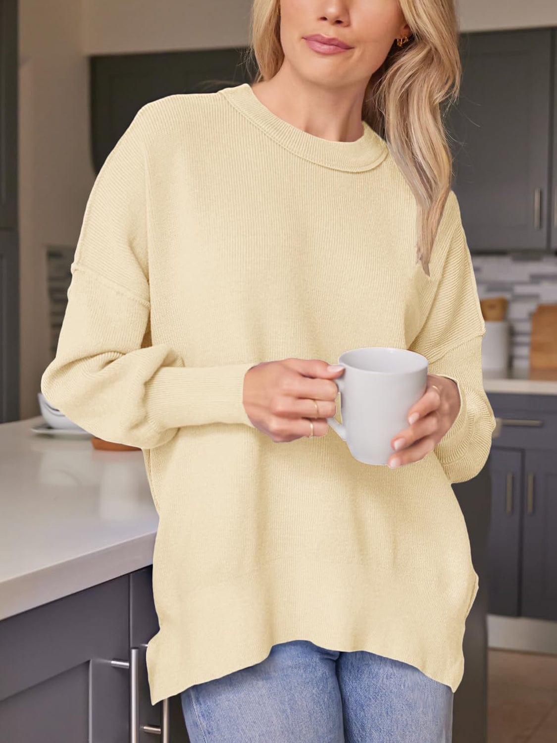 Gray Slit Round Neck Dropped Shoulder Sweater