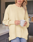 Gray Slit Round Neck Dropped Shoulder Sweater